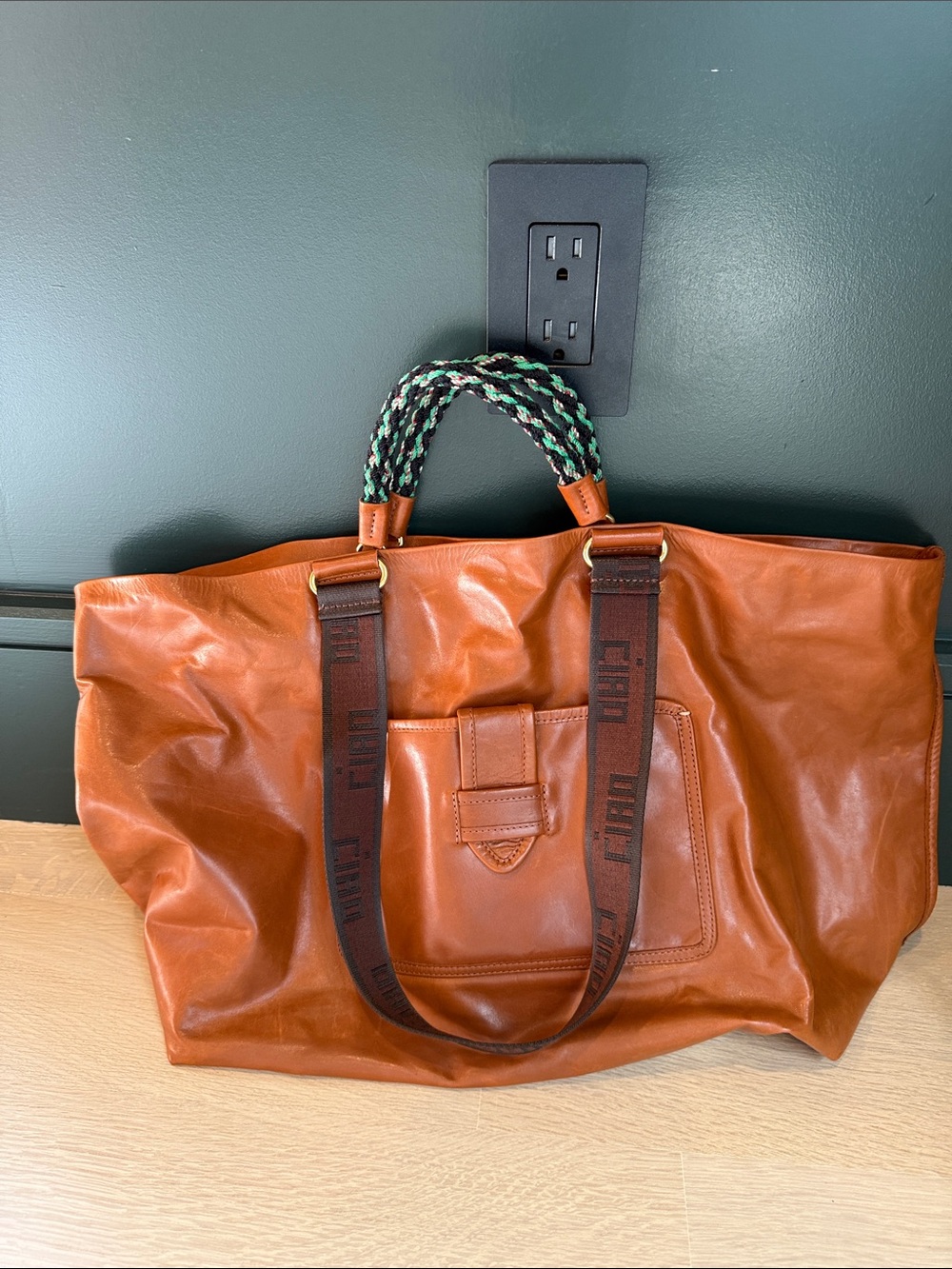 Braided-Handle Cognac Leather Tote with Logo Shoulder Straps